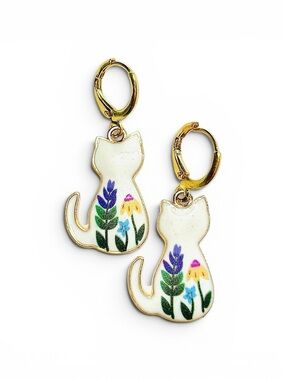 Gold-Trim White Cat Floral Drop Earrings